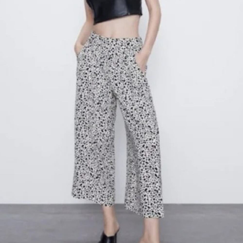 ZARA Animal Print Culotte Wide Leg High RiseTrouser Pants Pockets XS Black White
